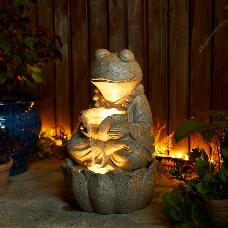 Glitzhome 21.75"H 2-Tiered Lighted Zen Style Frog Elephant Polyresin Outdoor Fountains