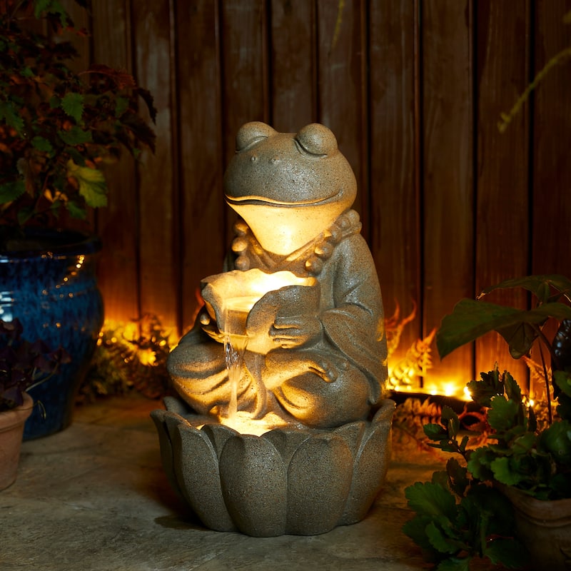 Glitzhome Polyresin Meditating Buddha Frog/Elephant Statue Outdoor Water Fountain with LED Lights