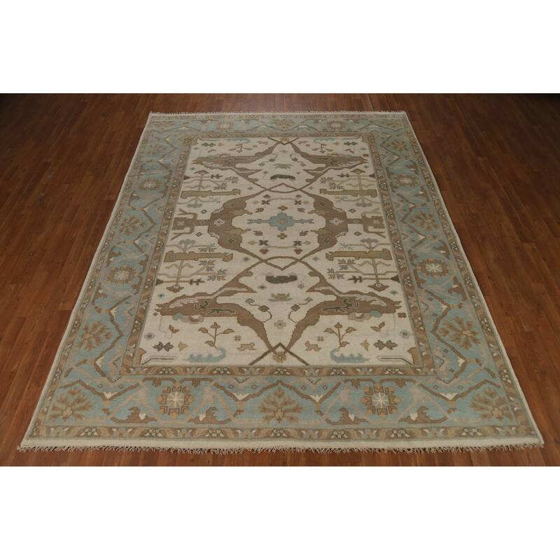 Transitional Oushak Indian Area Rug Hand-Knotted Wool Carpet - 7'10" x 9'10"