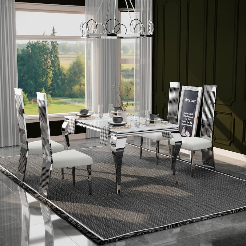 Luxury White Tempered Glass Dining Table with Metal Legs