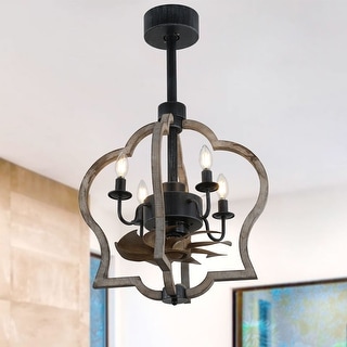 15 Inch Rustic Farmhouse Wood Caged Bladeless Ceiling Fan with Lights ...