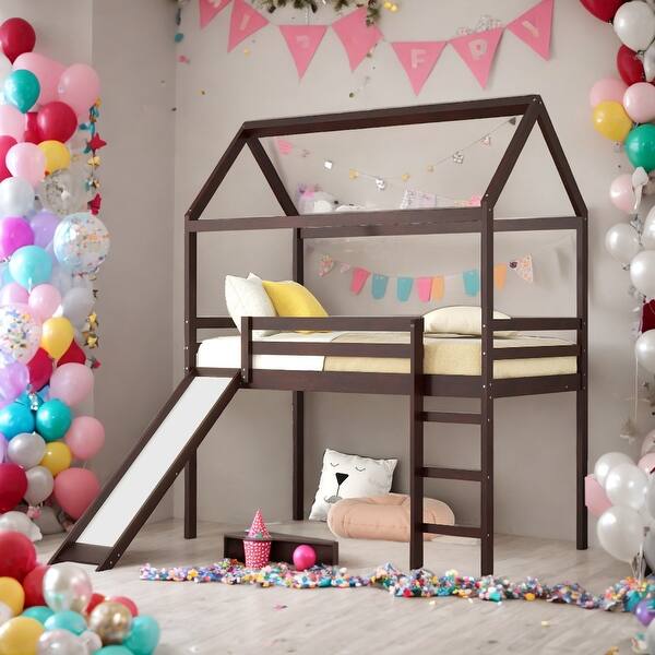 slide 2 of 9, Twin Loft Bed House Bed With Slide,Solid Construction for Home Espresso