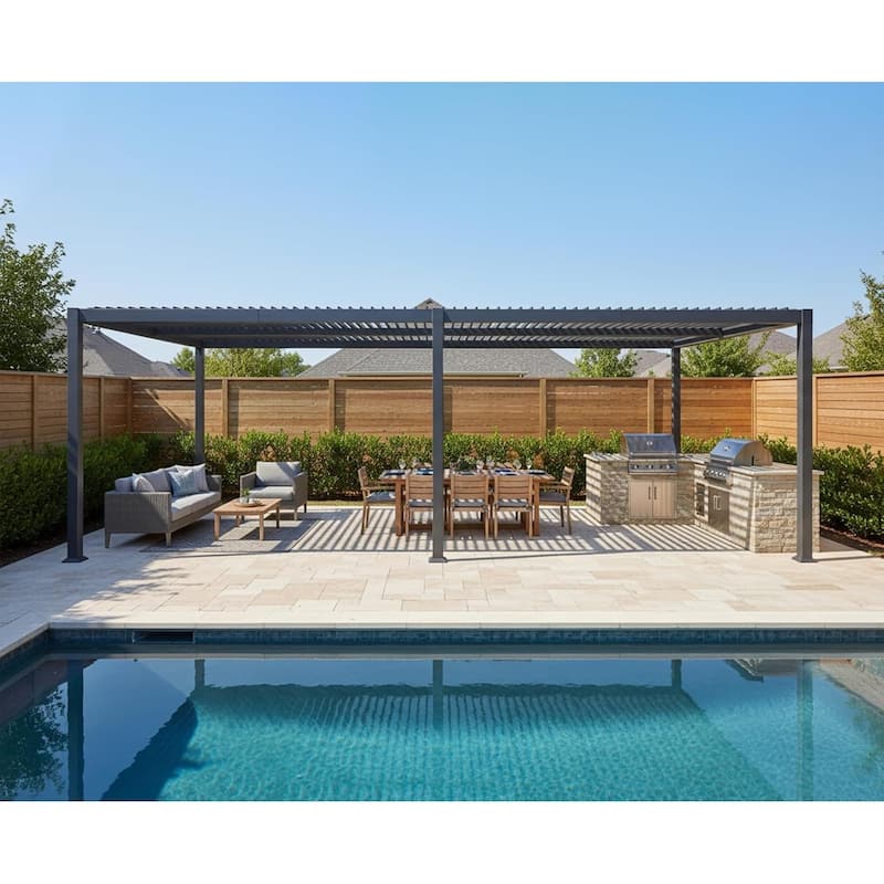 PURPLE LEAF Louvered Pergola Sun Shade Shelter with Adjustable Metal Roof for Patio Hardtop Pergola - 13' x 25' - Grey
