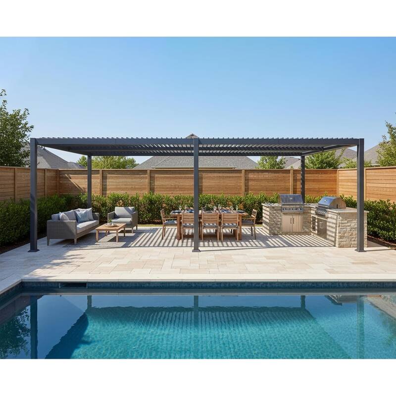 PURPLE LEAF Sun Shade Louvered Pergola with Light - Adjustable Metal Roof for Outdoor Patio