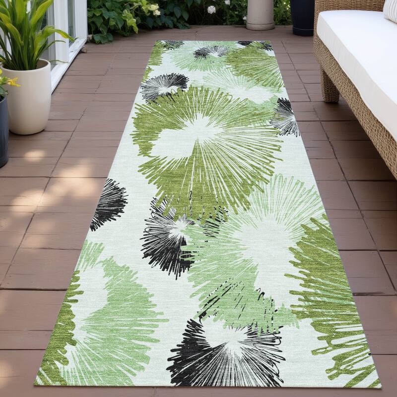 Machine Washable Indoor/Outdoor Modern Floral Chantille Rug - Olive - 2'3" x 7'6"