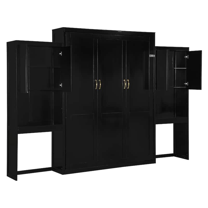 Heavy Duty Queen Murphy Bed with Desk, Multi-Functional Murphy Folding Bed with Vanity and Cabinets for Guest Rooms or Studios