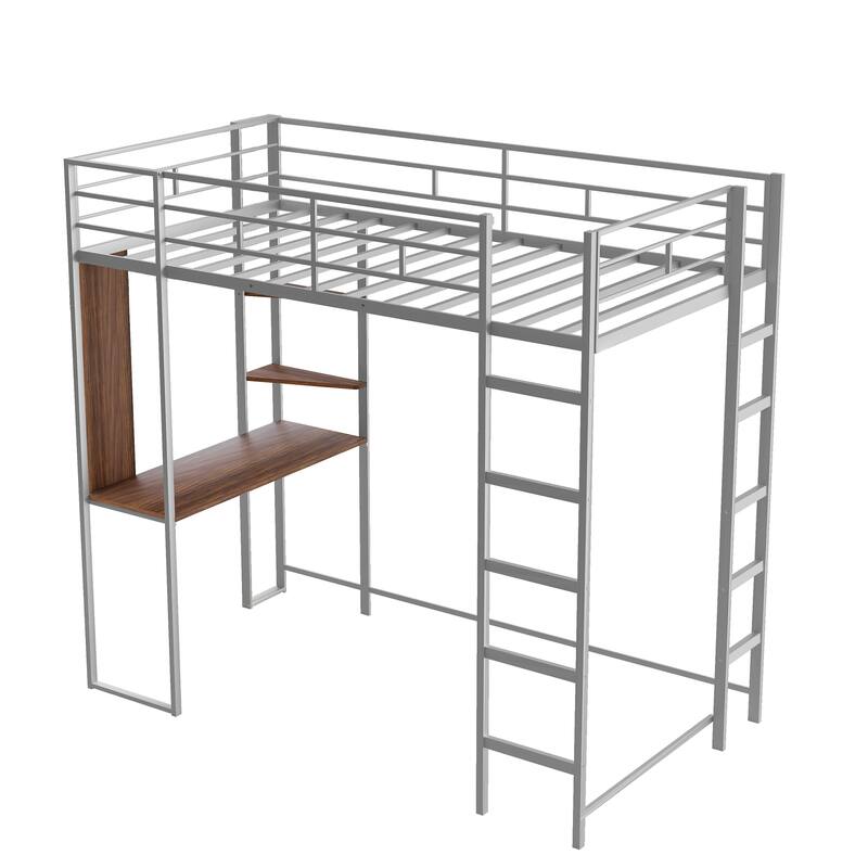 Twin Size Metal Loft Bed with Ladder, Fence, Shelves, and Desk