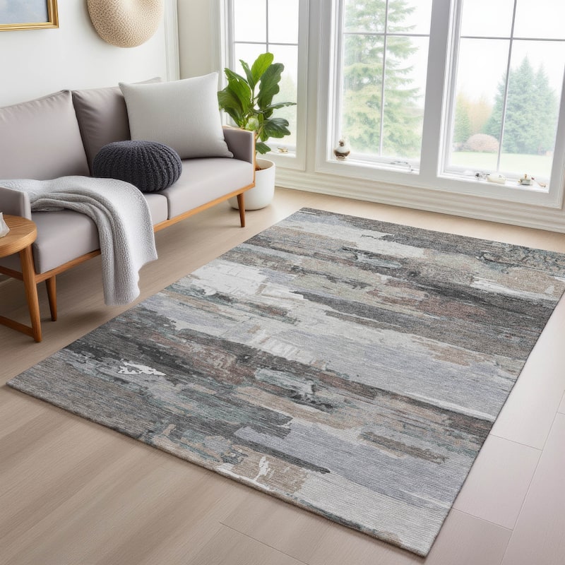 Machine Washable Indoor/ Outdoor Abstract Contemporary Chantille Rug