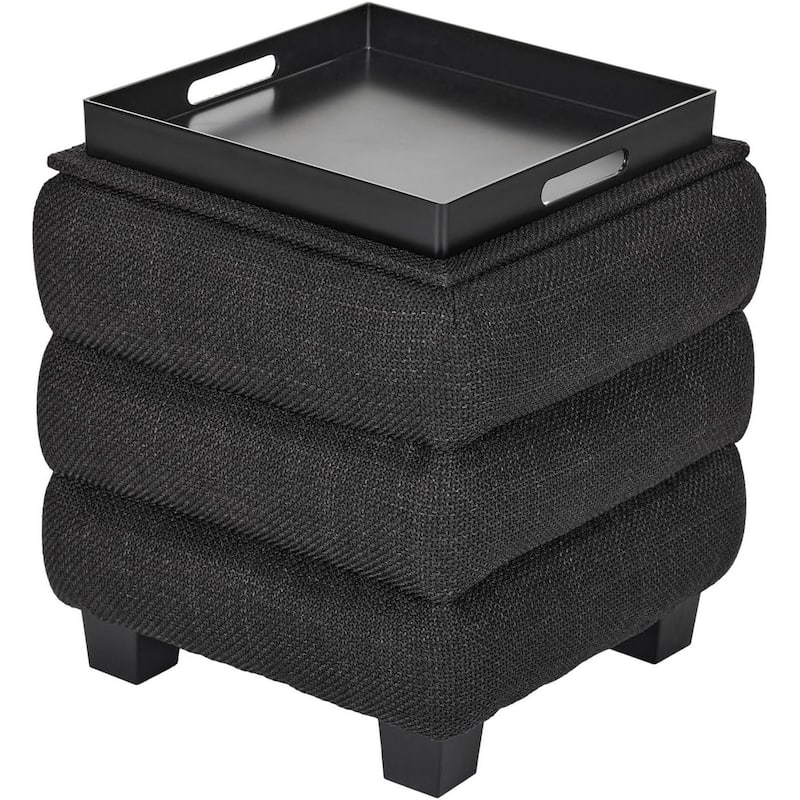 Modern Cube Ottoman with Tray Top and Hidden Storage Linen Seat