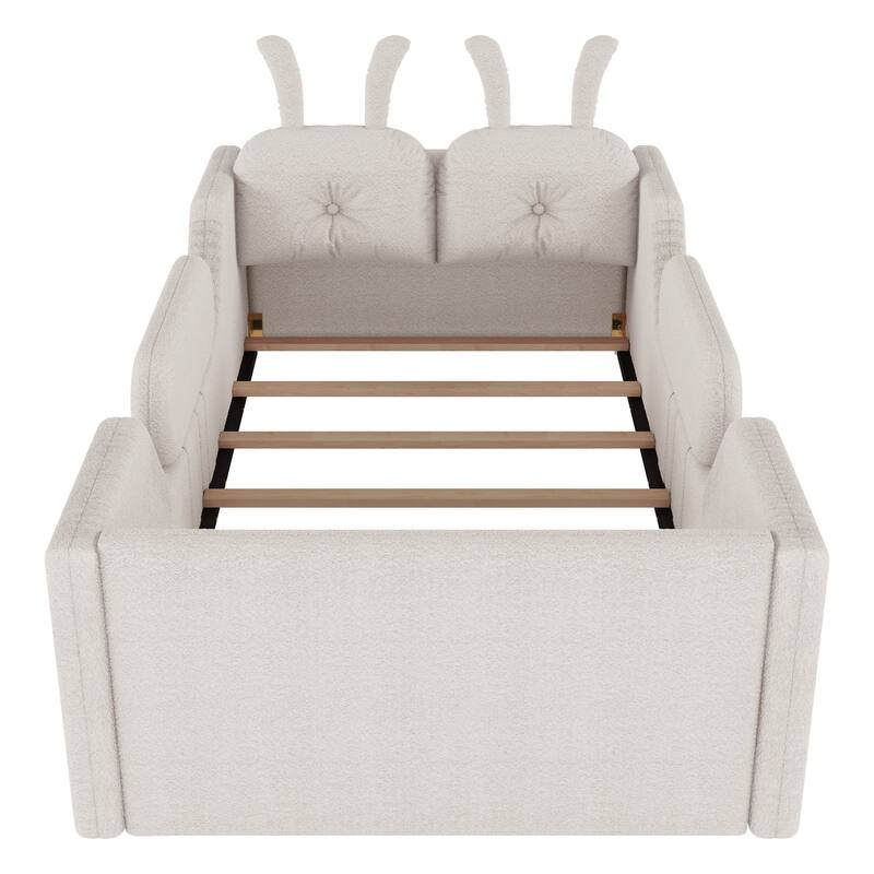 White Twin Upholstered Platform Bed with Rabbit Cushion & Removable Side Rails! (Arrives 2025/1/15)