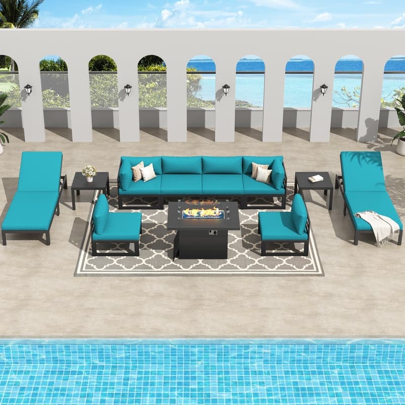 FINCATI Aluminum Outdoor Patio Furniture Conversation Sectional Sofa Set - 11 Pieces - Teal