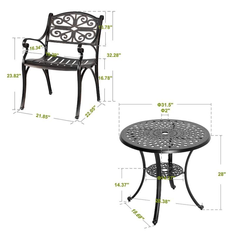 Nuu Garden Outdoor 3 Pieces Cast Aluminum Bistro Set with Umbrella Hole