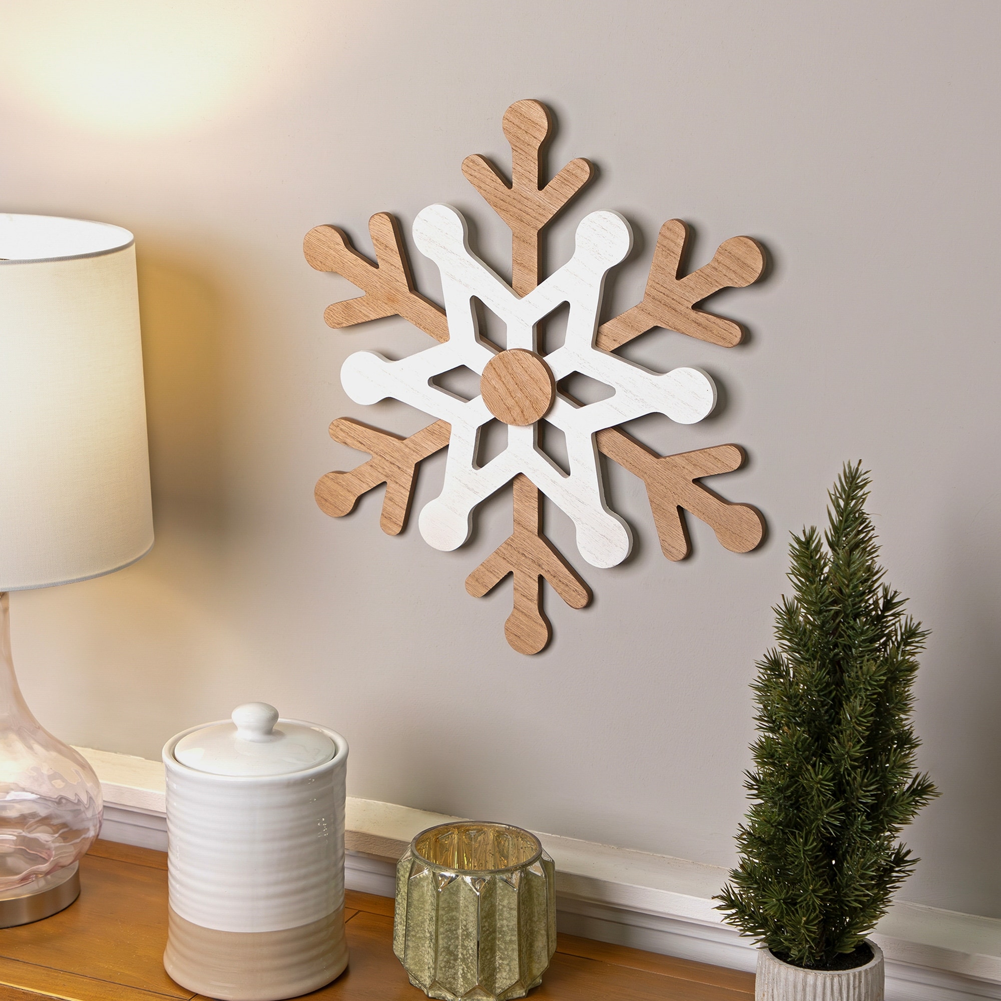 Natural Wooden Snowflake Christmas Wall Decoration 17.75 Beige White