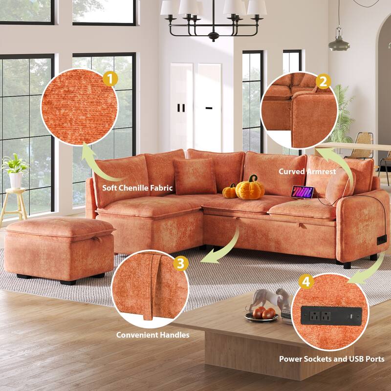 82.67"Convertible Sofa Bed Sectional Sofa Sleeper L-shaped Sofa with a Storage Ottoman,Two Pillows, Two Power Sockets and Two US