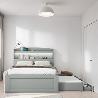 Storage Twin Size Platform Bed with LED Headboard, Trundle and 2 Drawers
