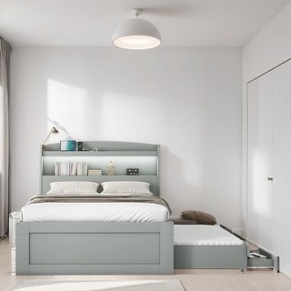 Twin XL Size Platform Bed with LED Headboard, Storage Bed with Charging Station, Trundle and 2 Drawers, Subdued Gray