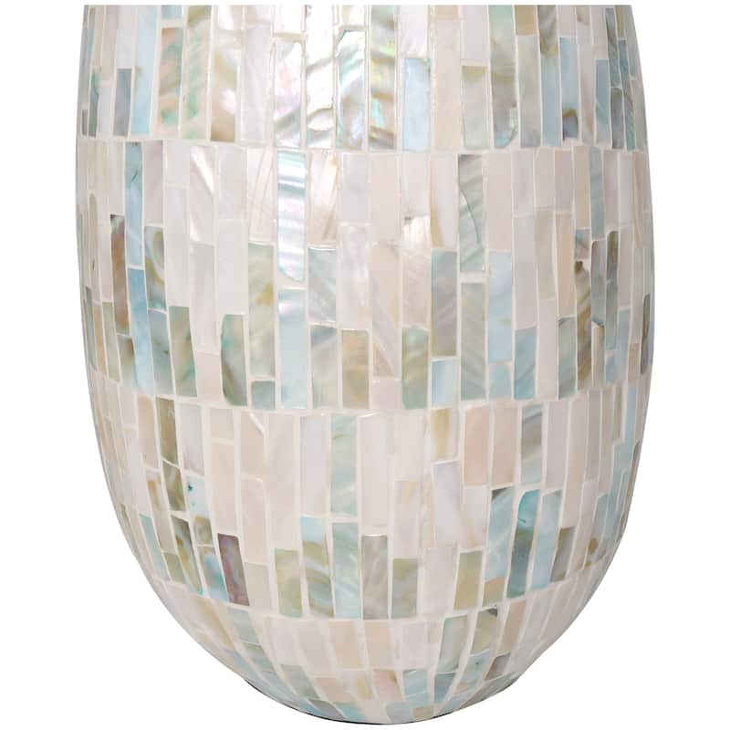 White Mother of Pearl Shell Handmade Mosaic Inspired Decorative Vase with Pastel Blue and Pink Accents
