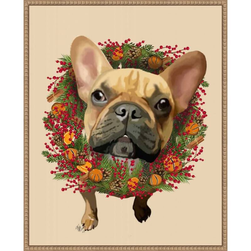 French Bulldog Cranberry Wreath by Fab Funky (23 x 28 in.), Framed Canvas Wall Art Print - Sylvie Beaded Rustic Natural