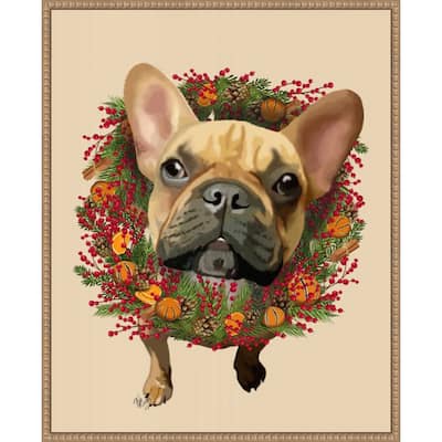 French Bulldog Cranberry Wreath by Fab Funky (23 x 28 in.), Framed Canvas Wall Art Print - Sylvie Beaded Rustic Natural