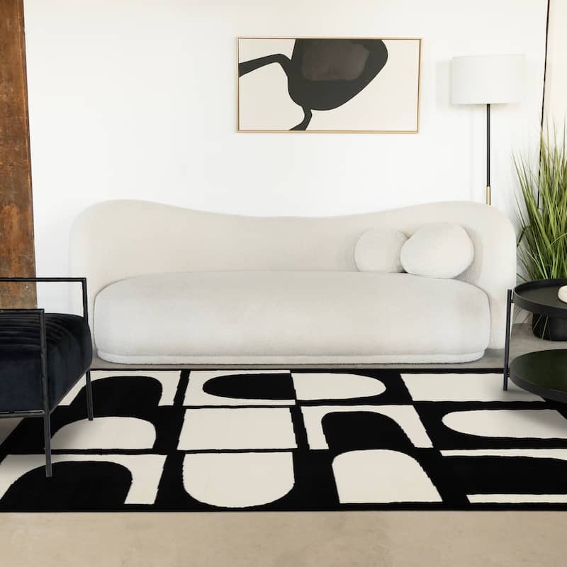 Black White Contrasting Geometric Blocks High-Traffic Rug