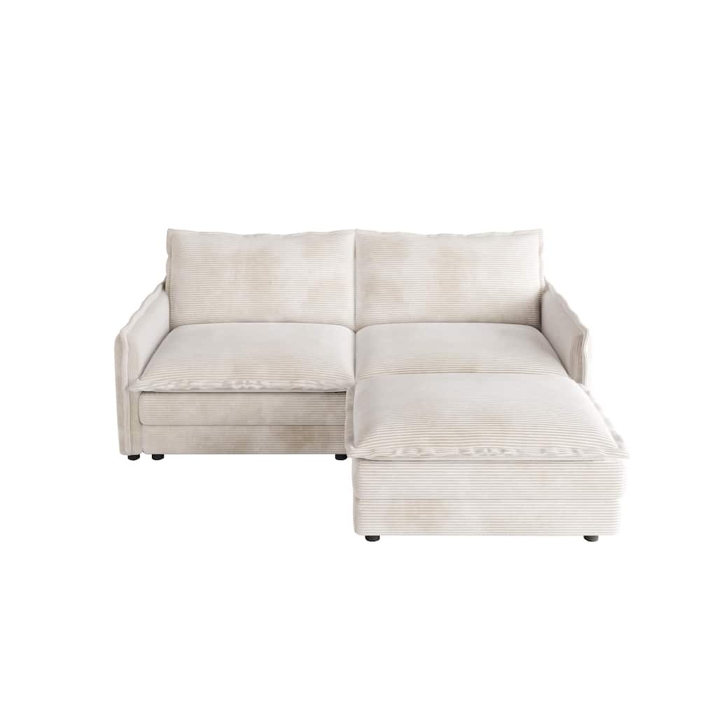 Corduroy Upholstered 2 Seater L Shaped Couch 75" Deep Seat Loveseat Sofa with Ottoman