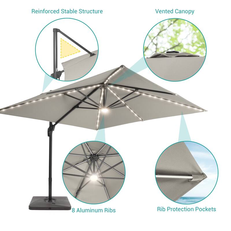 BONOSUKI 11.5x9FT LED Cantilever Patio Umbrella 360 Rotation w/Base