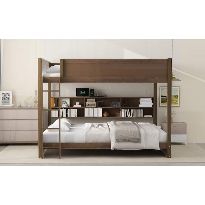 Brown Queen over Queen Solid Wood Bunk Bed with Storage Cabinets and USB Ports