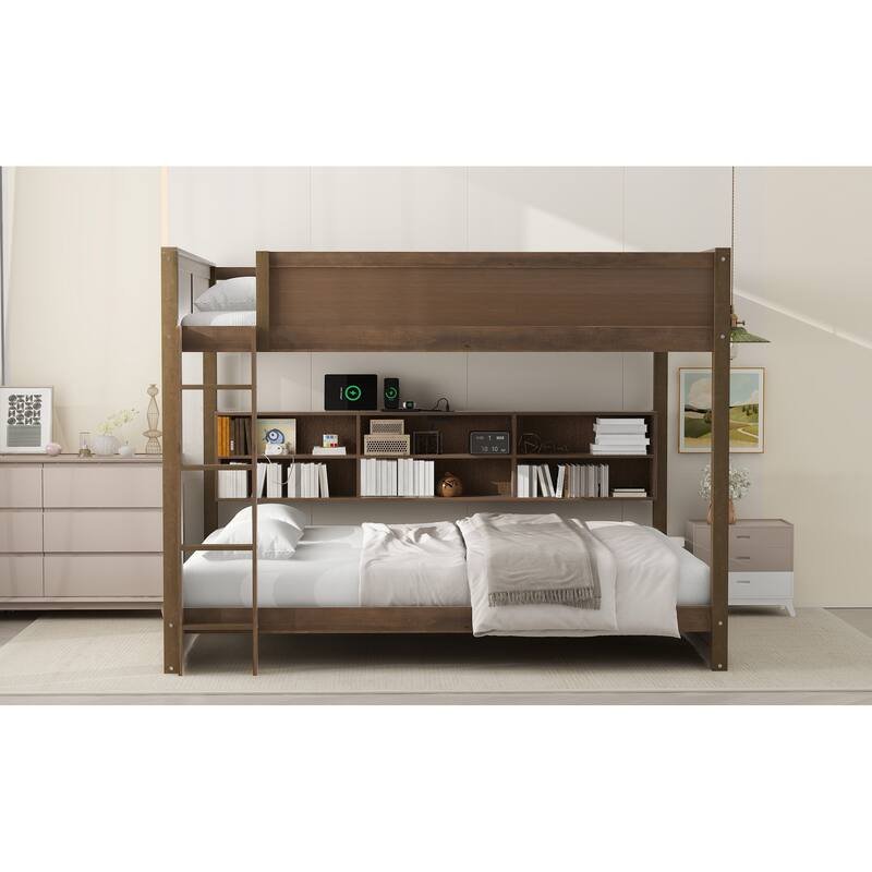 Brown Queen over Queen Solid Wood Bunk Bed with Storage and USB