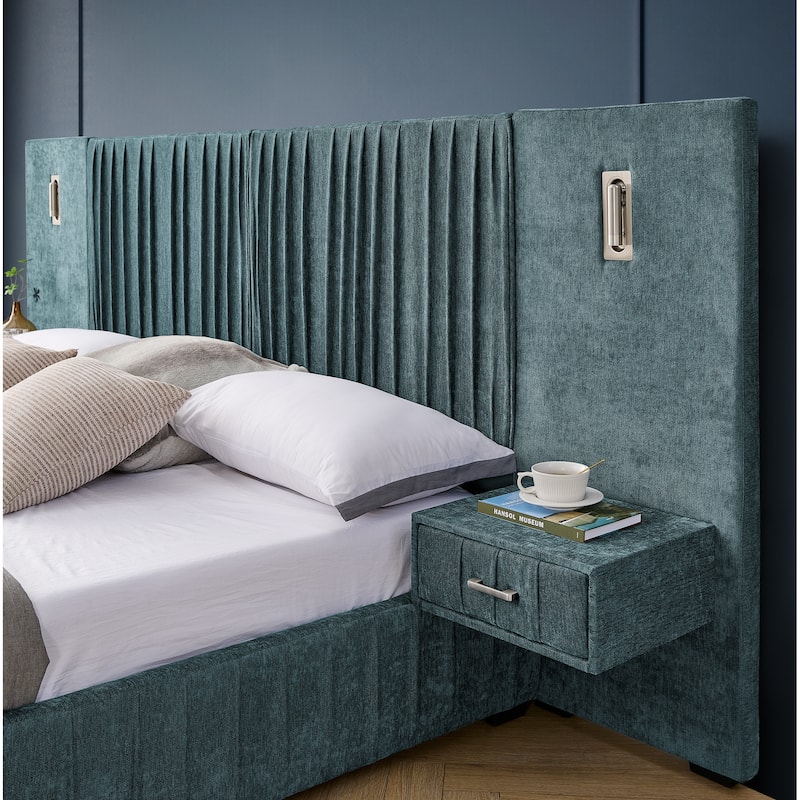 Chenille Upholstered Pleated Platform Bed Frame Wingback Headboard with Side Tables and Adjustable Lamps