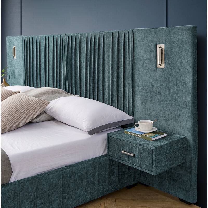 Roomfitters King Upholstered Chenille Platform Bed with Pleated Headboard and Built-In Bedside Tables, Solid Frame