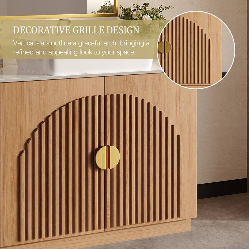 36" Mid - Century Modern Bathroom Vanity With Single Sink Grille Door & Gold Accents