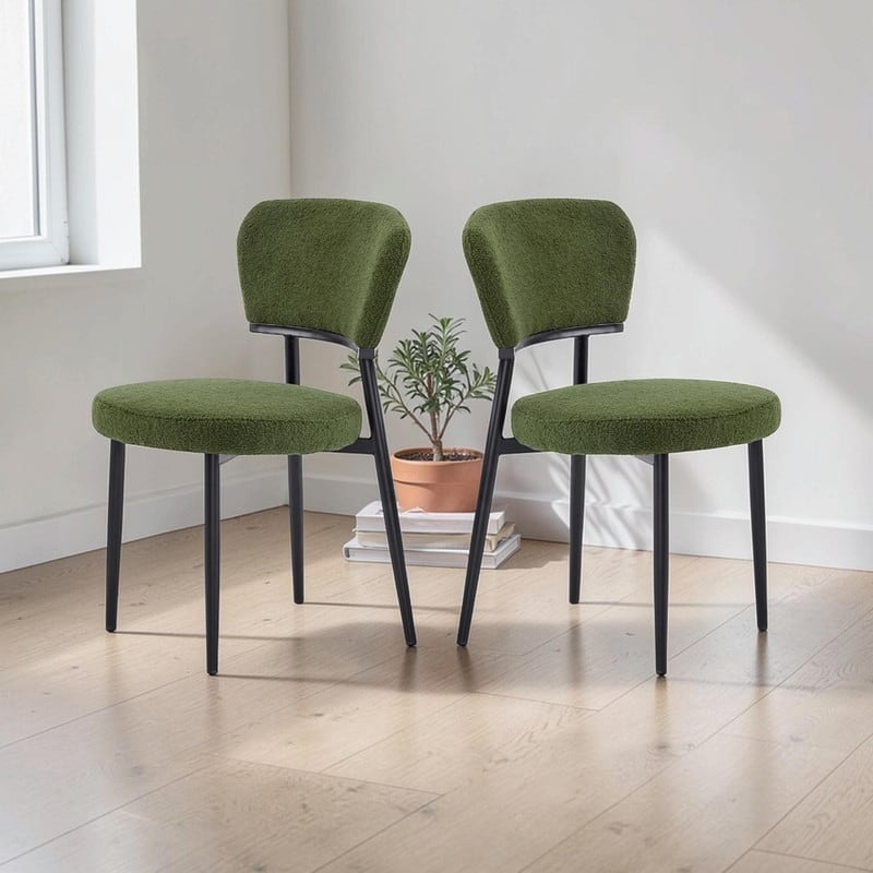 Set of 2 Modern Upholstered Arm Dining Chairs with Metal Legs, Soft Padded Seat & Backrest - Green