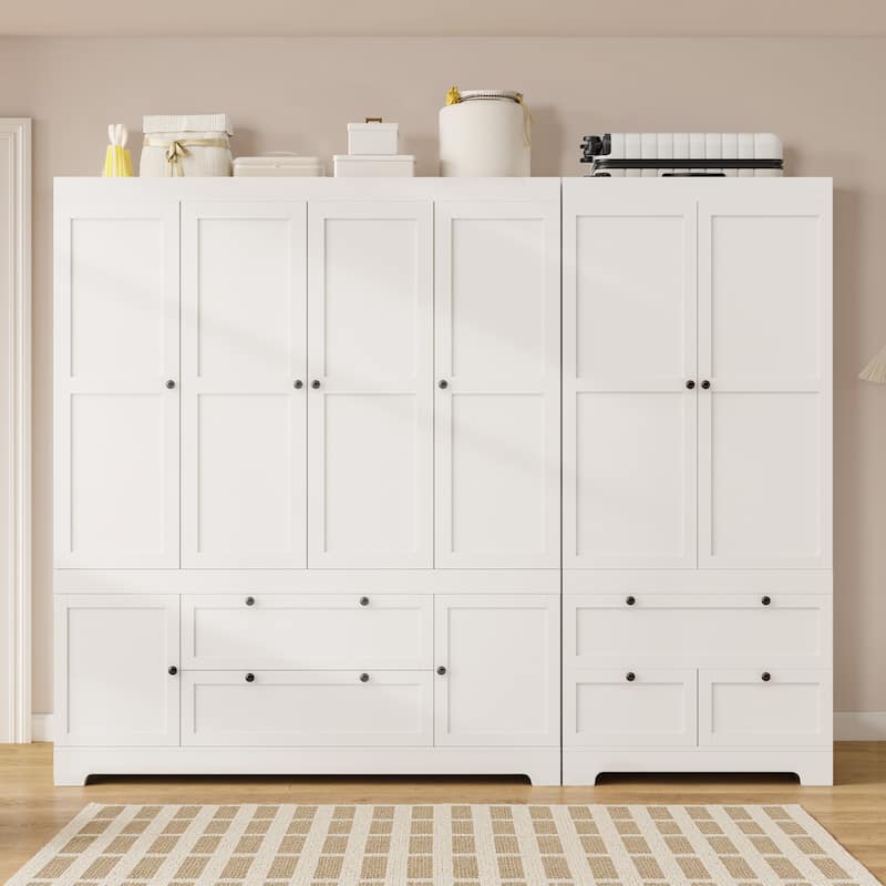 Pocassy 71" H Wardrobe Closet with Drawers and Cabinet. - White - 7 Doors with 5 Drawers and 2 Cabinet