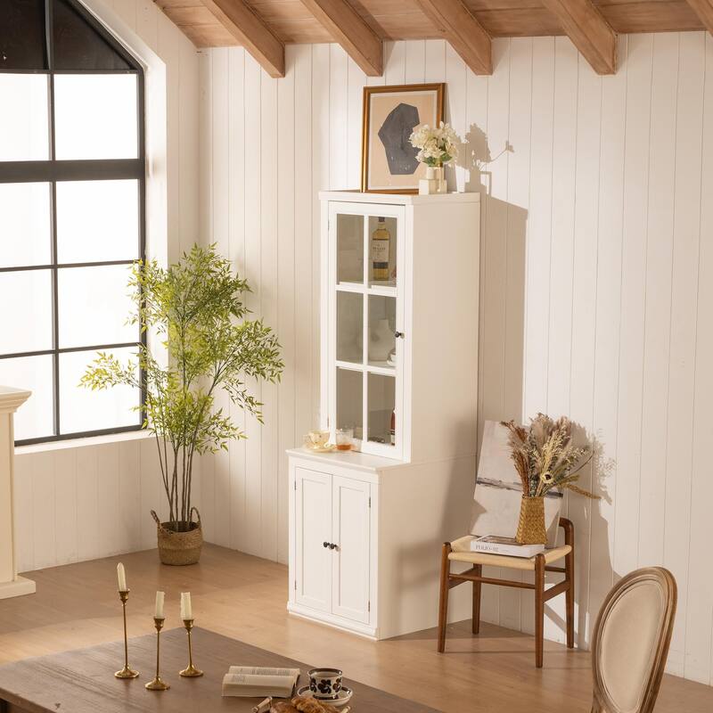 75.25'' Tall Display Cabinet with Single Tempered Glass Door, China Cabinet Hutch Cabinet with Double-Action LH & RH Door