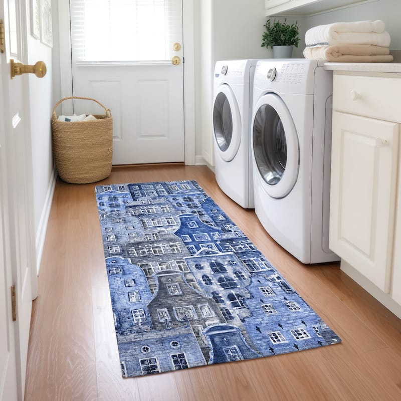 Machine Washable Indoor/ Outdoor Chantille Modern City Rug - Blue - 2'3" x 7'6"