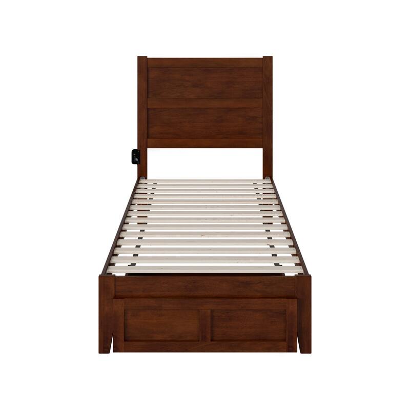 Twin XL Bed with Drawer - Modern Platform Bed Frame, Walnut Finish, Storage Solution