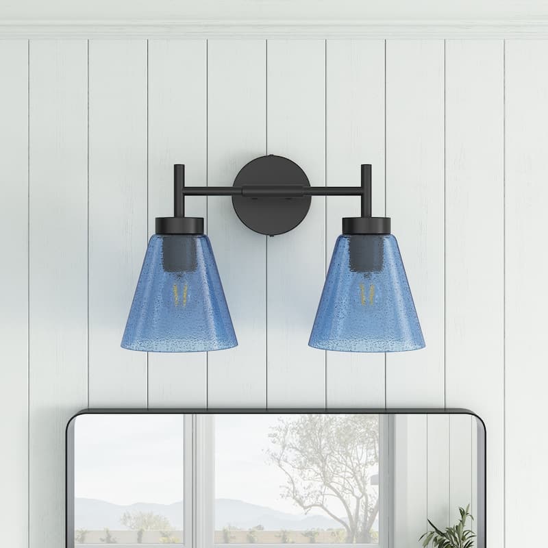 Rustic Farmhouse Black 2-Light Wall Sconce with Blue Seeded Glass Shade