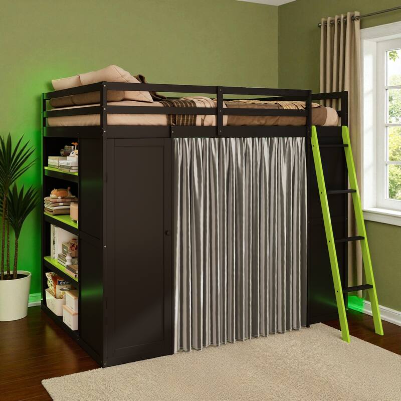 Full Size Loft Bed with Wardrobe, Desk, Shelves, Blackout Curtains & RGB Lights, Workstation with USB Port