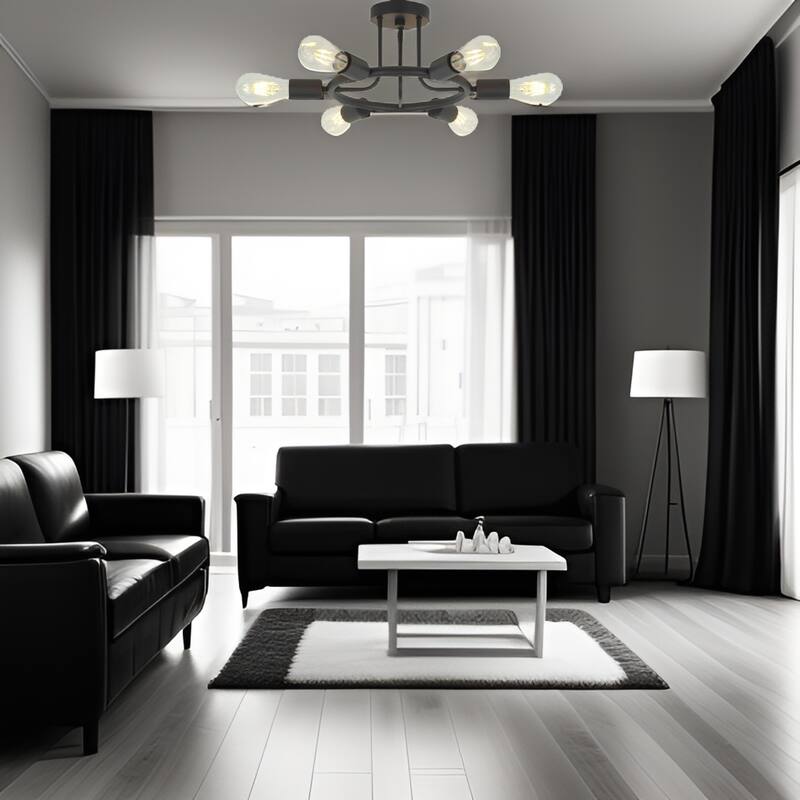 Black Finished 6-Light Sputnik Ceiling Light, Industrial Semi Flush Mount Fixture for Kitchens and Living Spaces