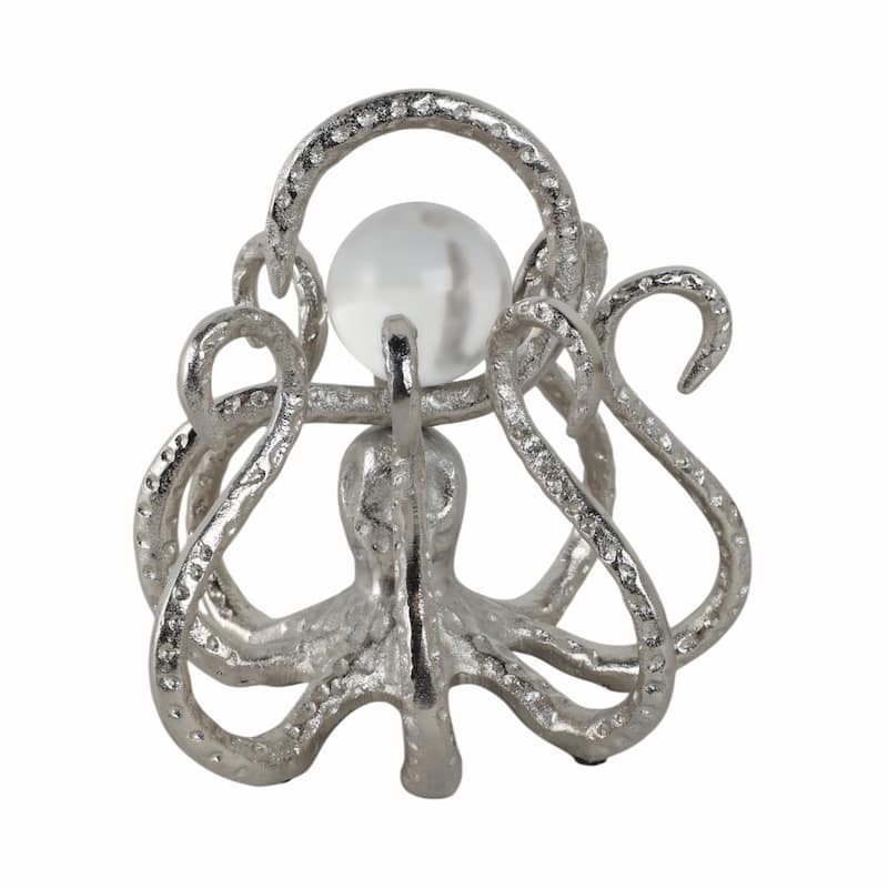 Metal Glass Figurine Octopus Design Metallic Coastal Style - 7" Silver - 7.75" x 7" x 7"