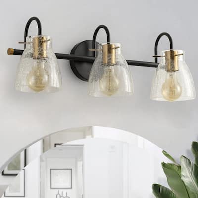 Industrial Matte Black Bathroom Vanity Light with Cracked Craft Glass Shade