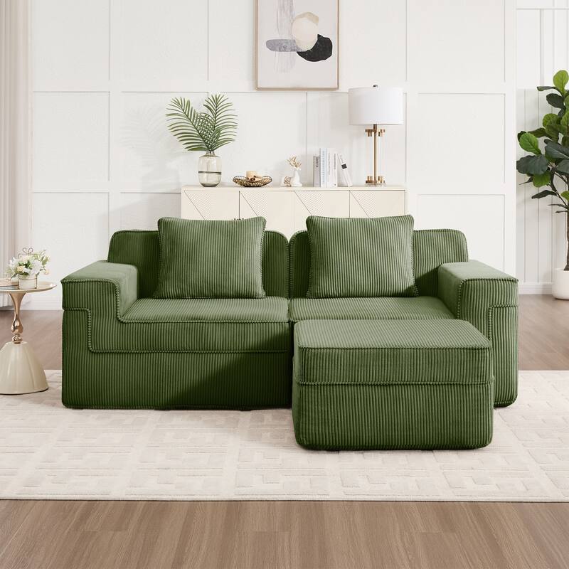 GDFStudio - Corduroy Modular 2-Seater 81.1" L-Shaped Cloud Sectional Loveseat Sofa with Ottoman