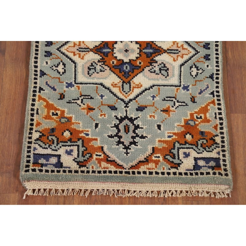 Geometric Kazak Indian Accent Rug Handmade Green Oriental Wool Carpet - 2'0" x 3'0"