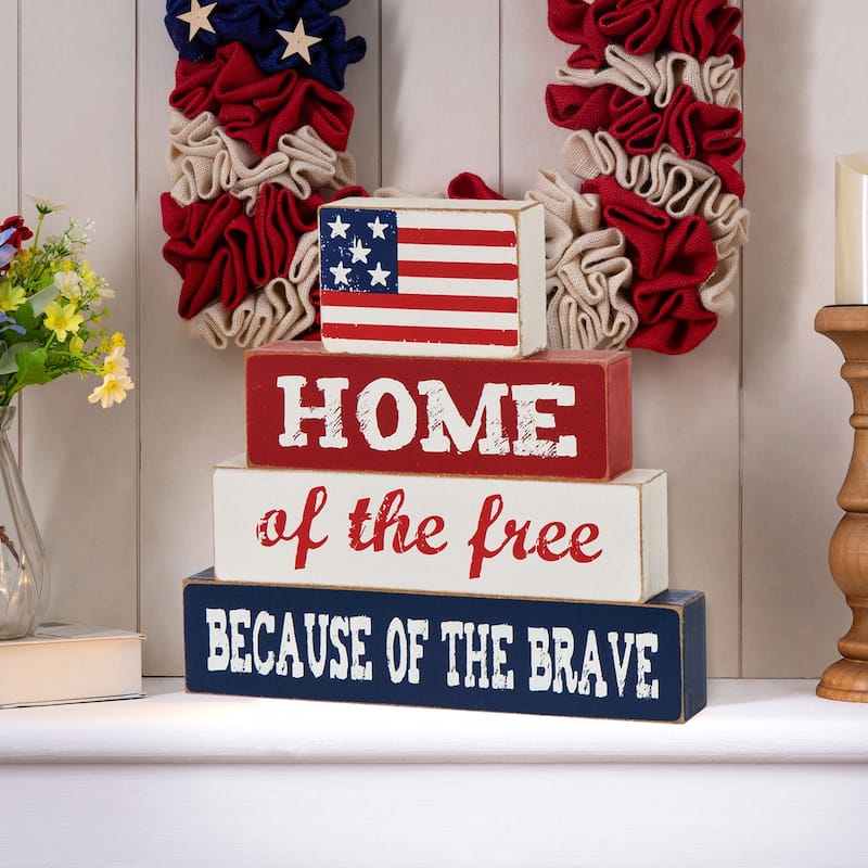 Glitzhome Patriotic/July 4th Free Standing Block Table Decor