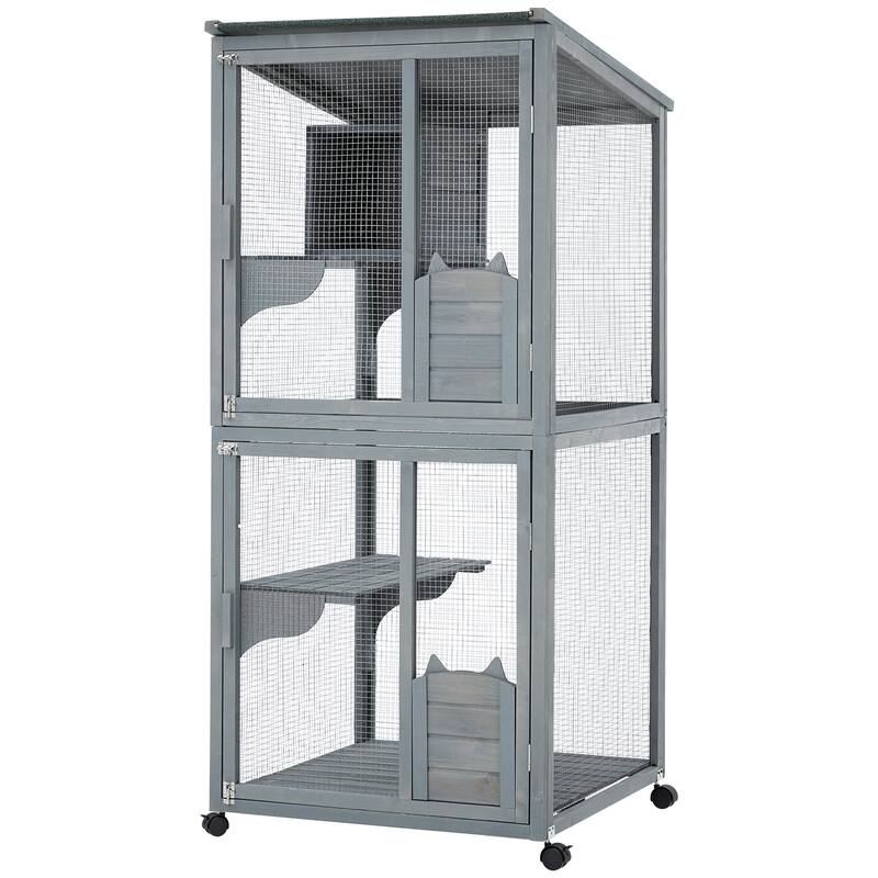 Large 2-Tier Outdoor Cat House, with 2 Lockable Doors - Grey - Grey