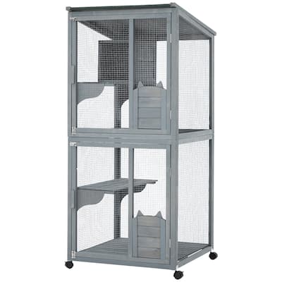 Large 2-Tier Outdoor Cat House, with 2 Lockable Doors - Grey