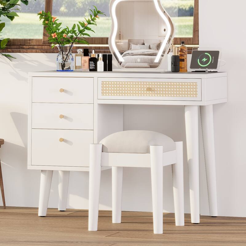 39" Retro Bohemian Style Wooden Makeup Vanity Set with Charging Plug&USB Port and Stool - White