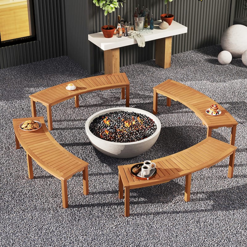 Gymax Set of 2 Outdoor Curved Bench w/ Slatted Seat Solid Acacia Wood