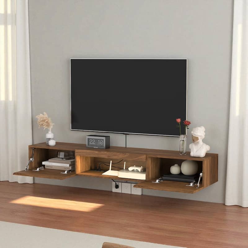 Floating Wall Mounted TV Stand with 16 Color LED Lights, 63" Modern Entertainment Cabinet for 55-65 Inch TVs