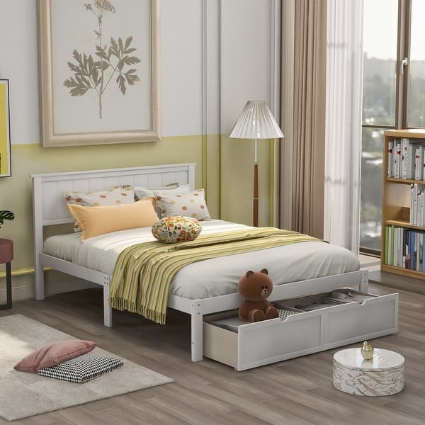 slide 2 of 12, Full Size Platform Bed with Built-In Storage Drawers, Durable Pine and MDF Construction, Elevated Design White
